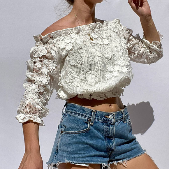 Thuy An Tops - Thuy An - Romantic White Lace Floral Embroidered Off the Shoulder Blouse✨